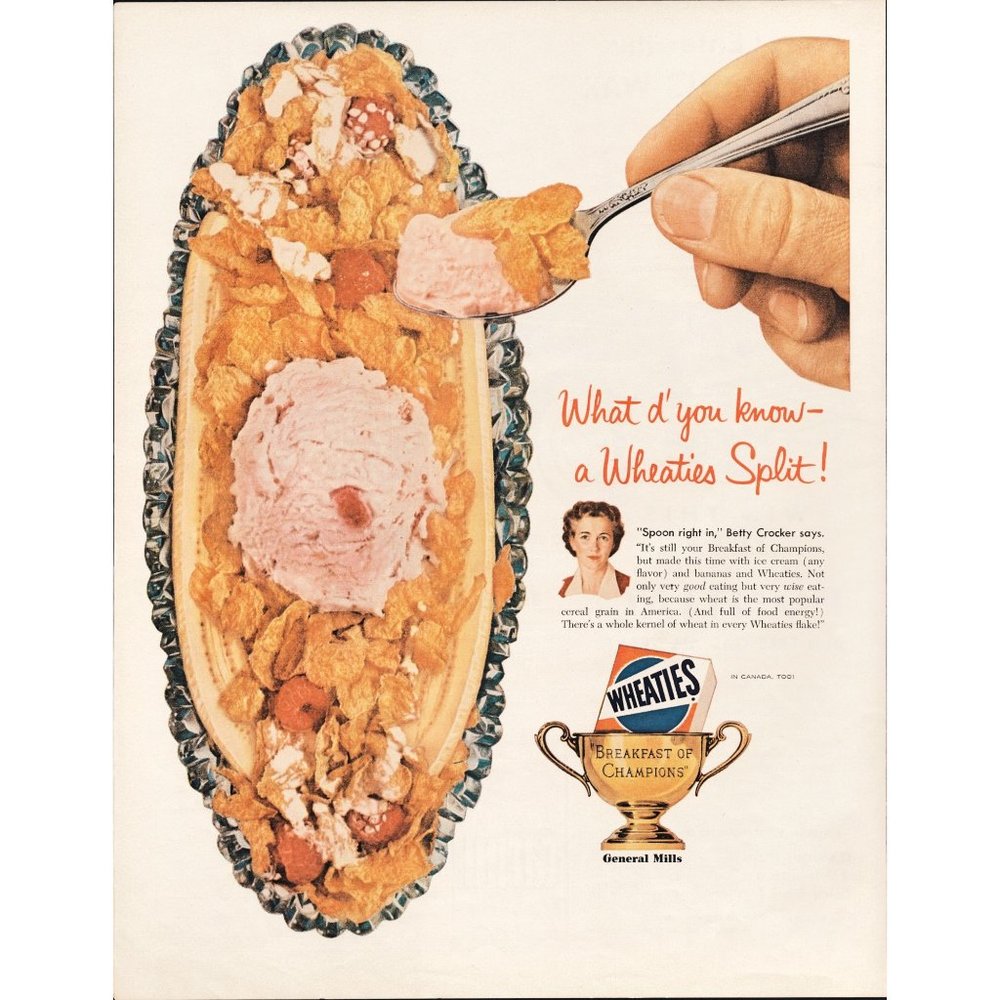 1956 Wheaties Cereal Banana Split Vintage Print Ad Betty Crocker Raspberries